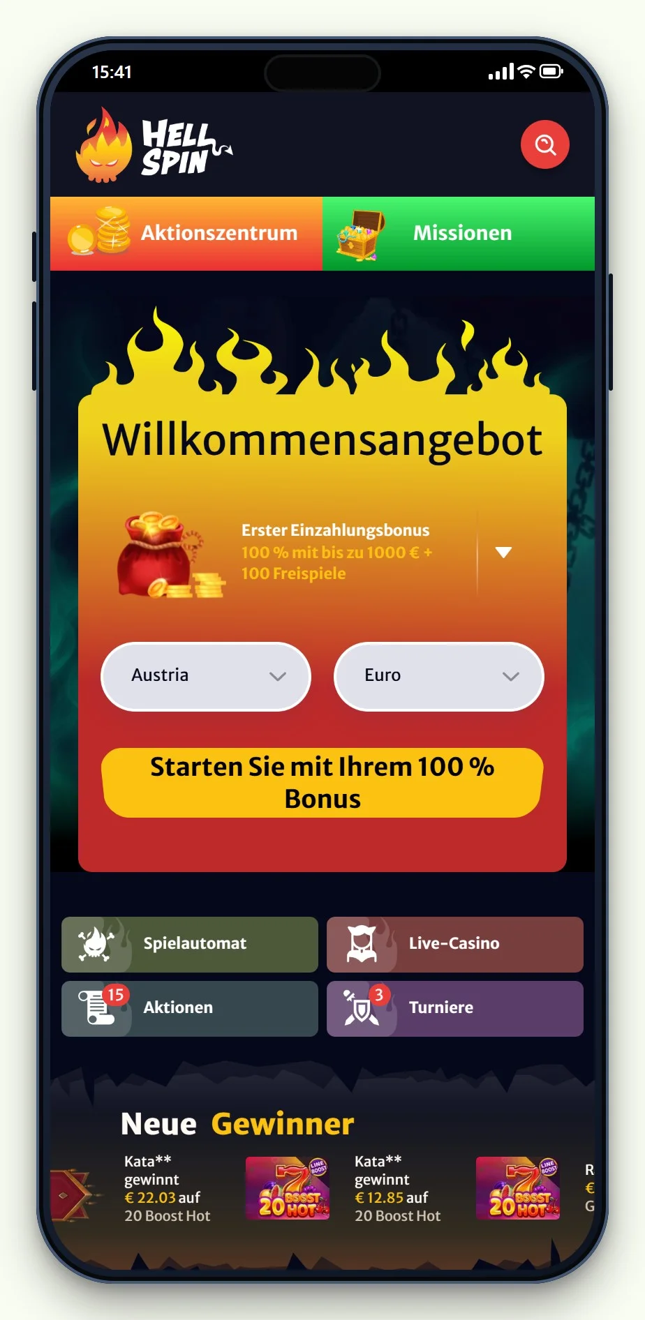 online casino boku: HellSpin Lobby am Smartphone