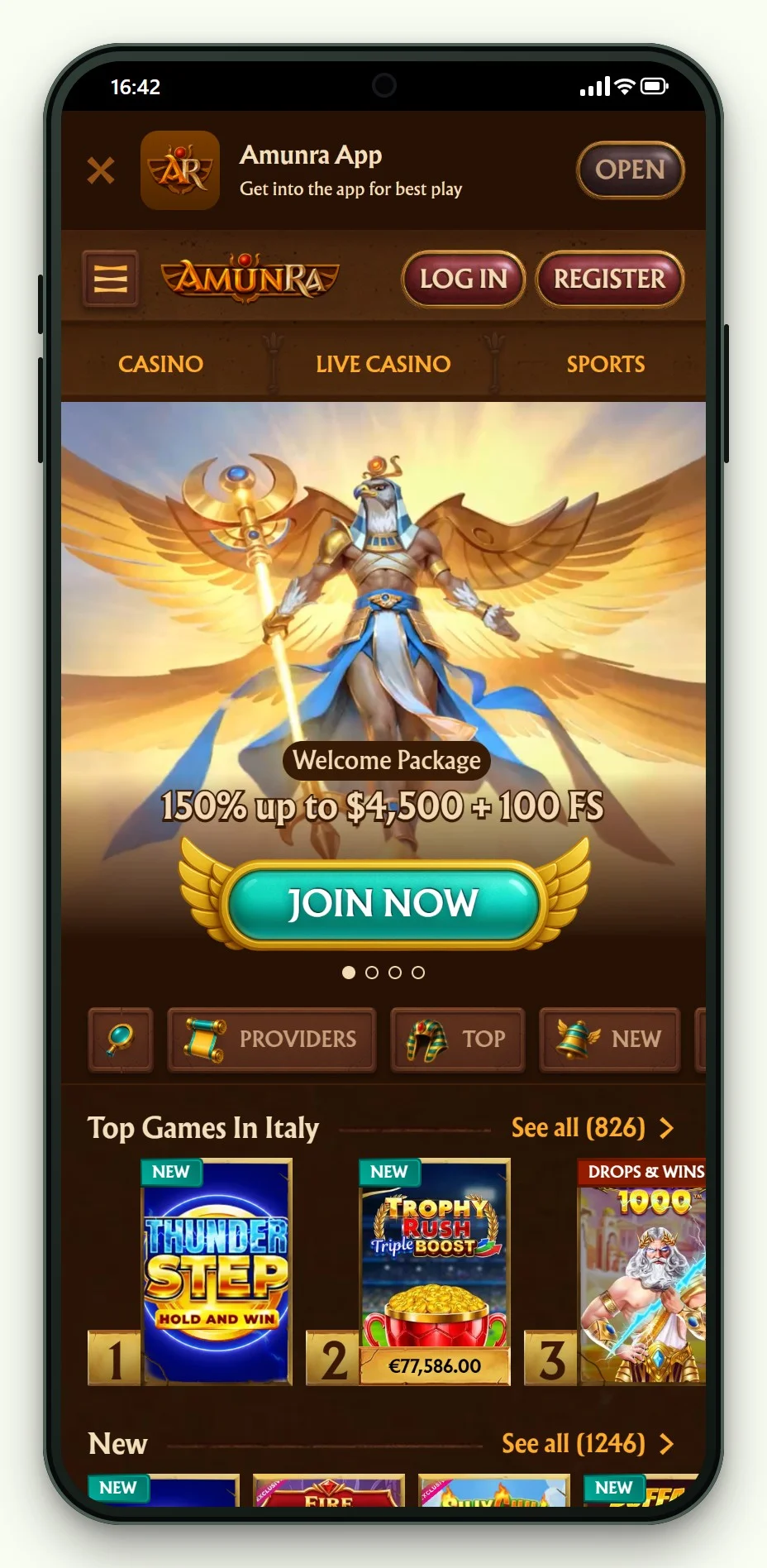 boku payment casino: AmunRa mobile lobby screen