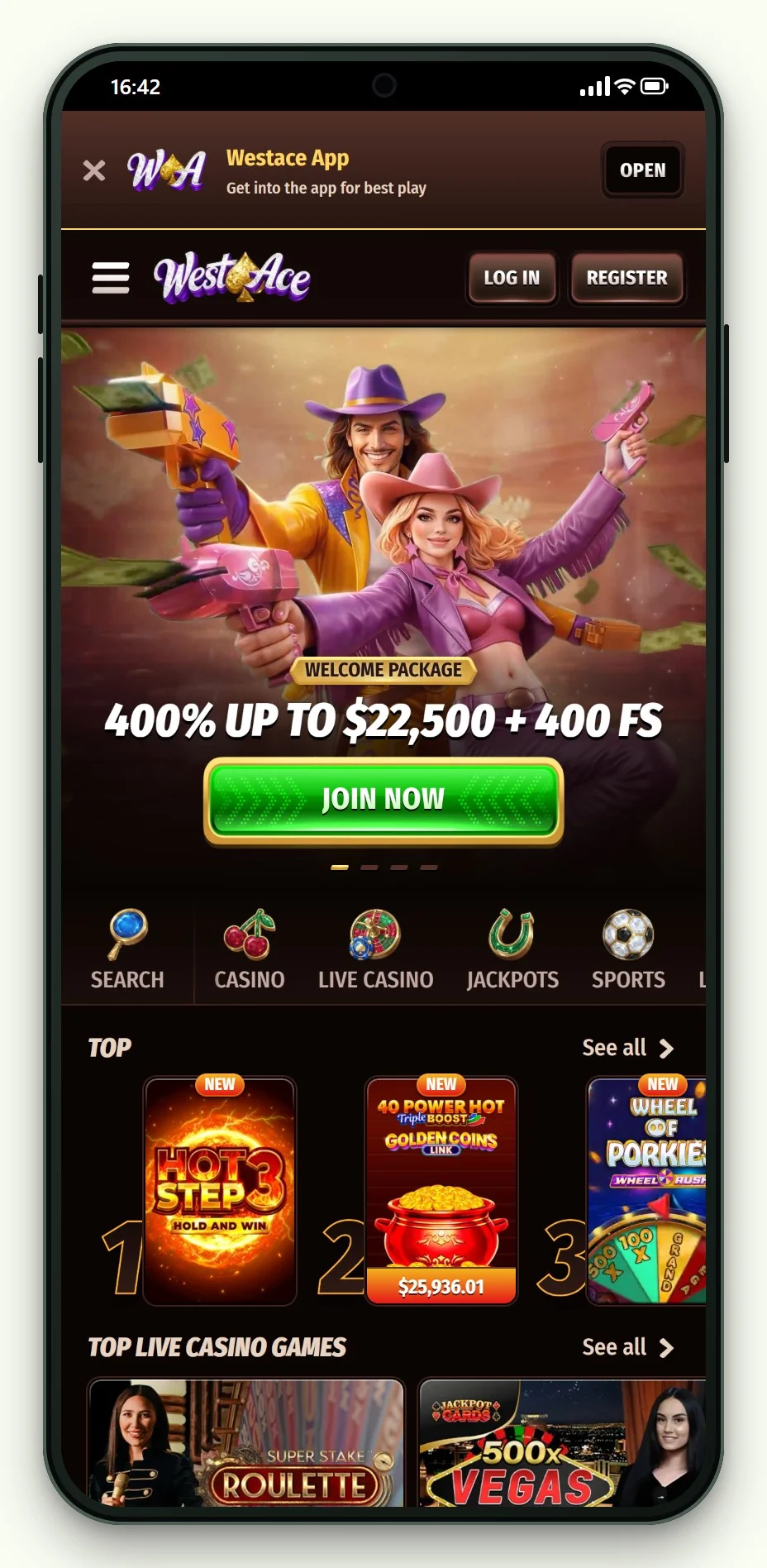the mobile lobby of WestAce, reviewed in our pay by phone casinos guide
