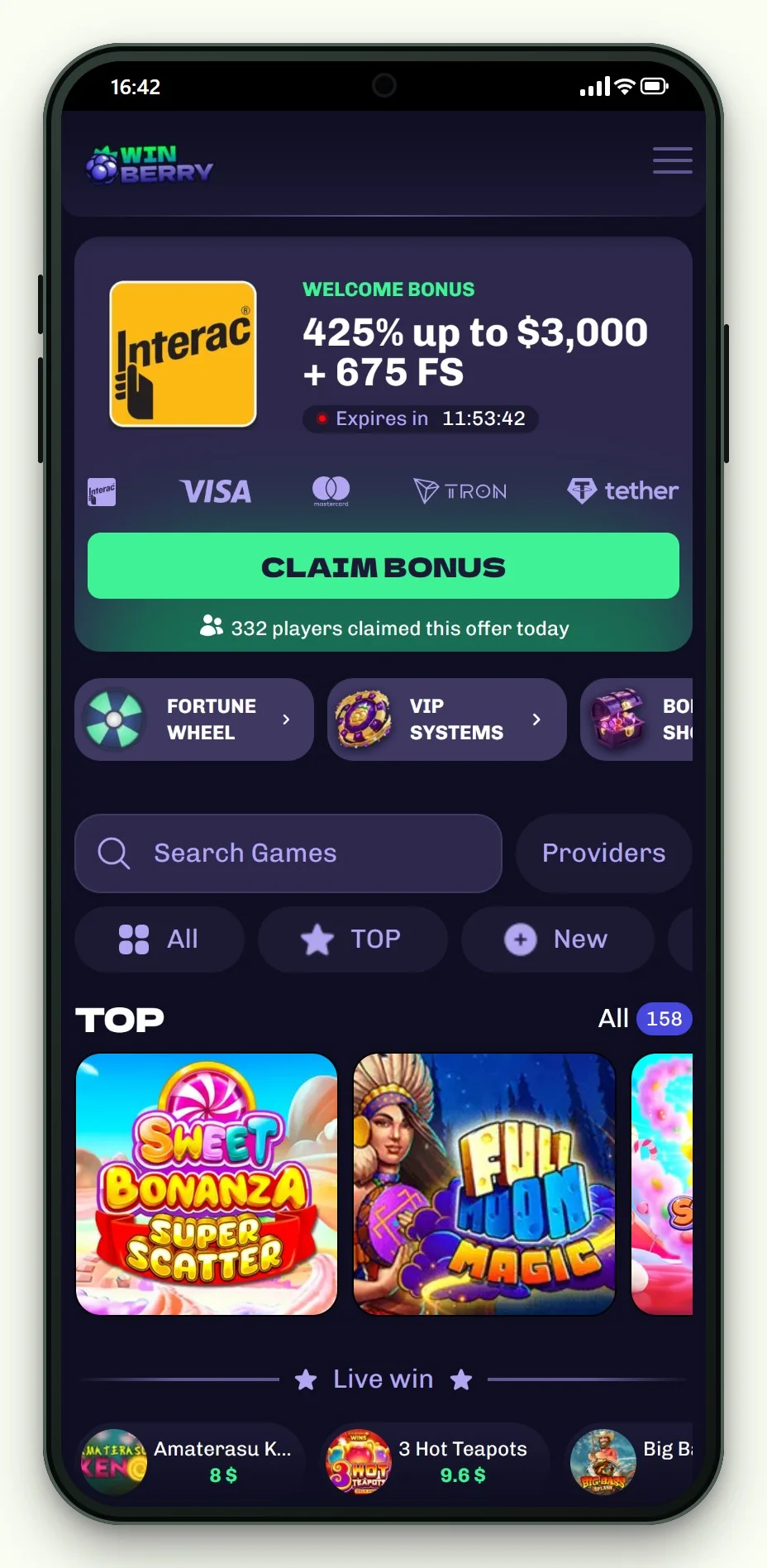 boku deposit casino: Winberry mobile lobby screen