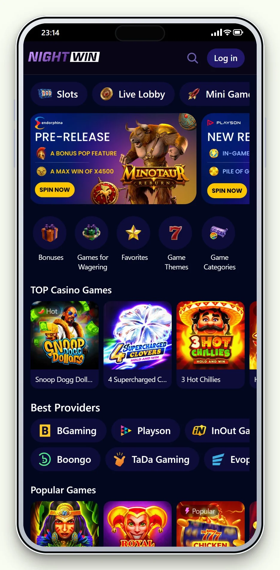 boku casino: NightWin Lobby auf dem Smartphone