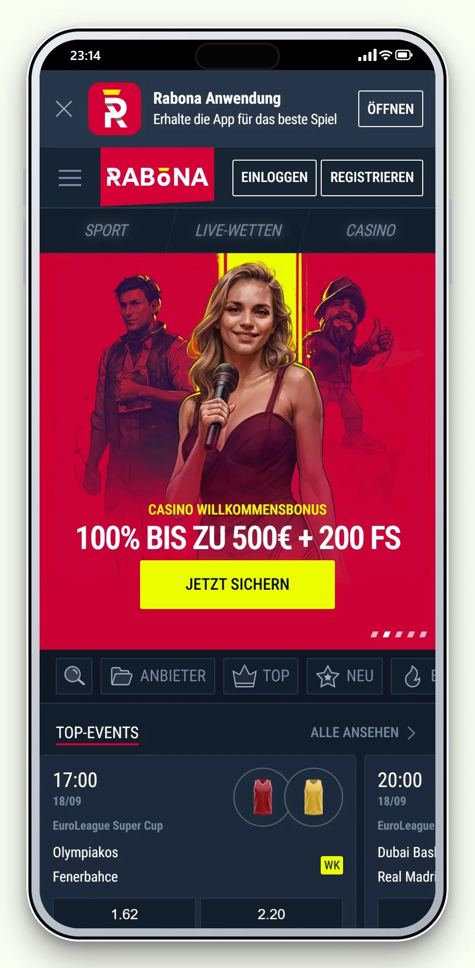 casino mit boku: Rabona Lobby auf dem Handy