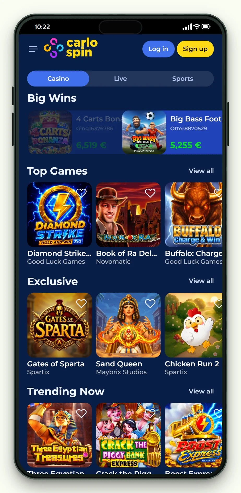 online casino boku: CarloSpin lobby op mobiel