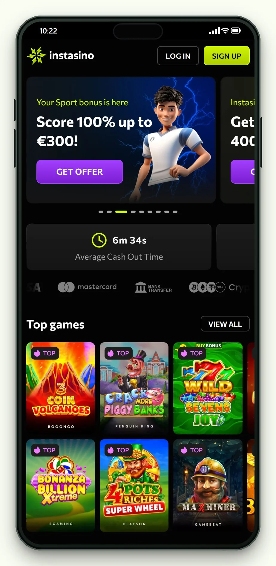 de mobiele lobby van Instasino in onze gids over online gokkasten betalen met telefoon