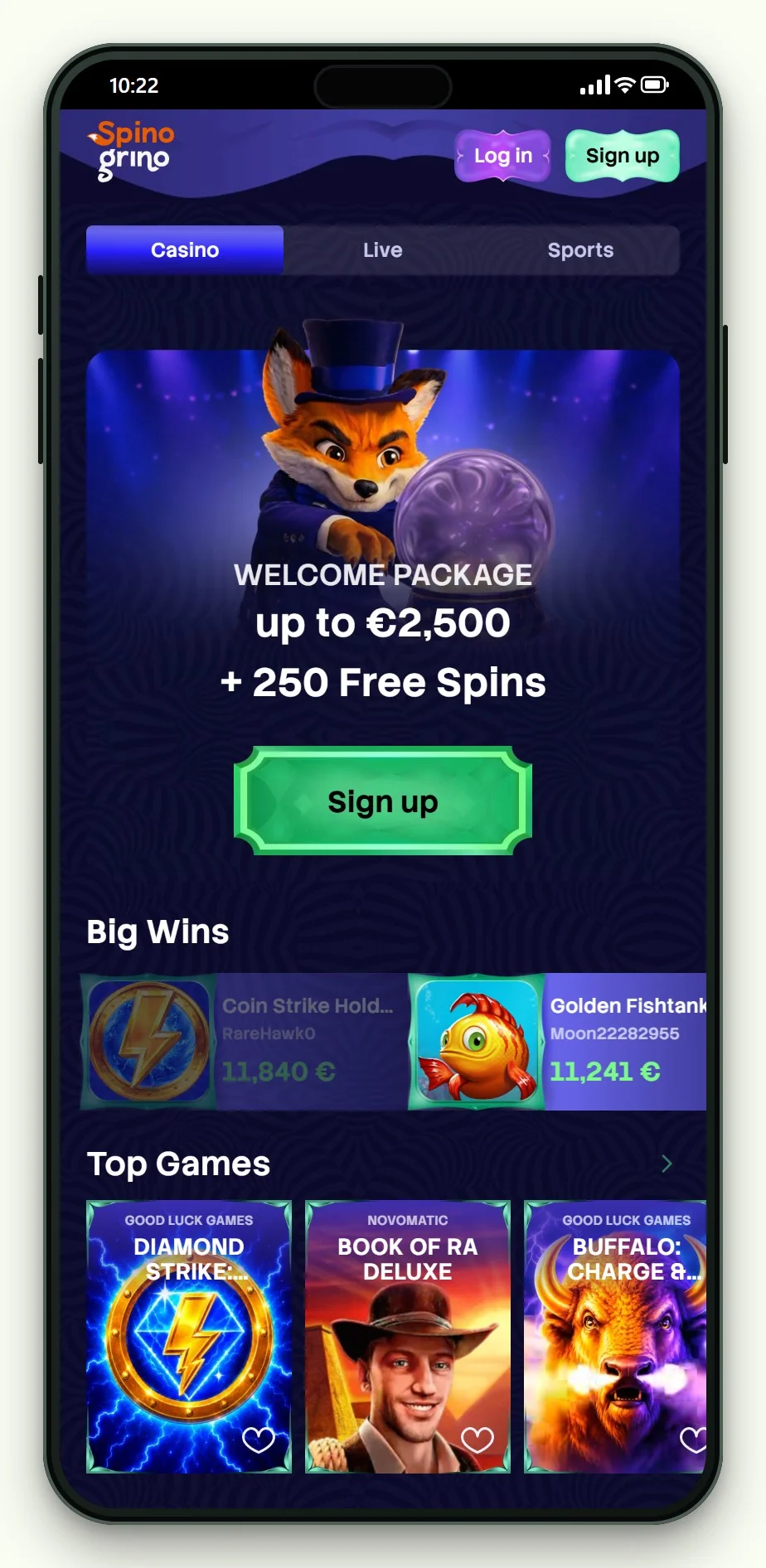 casino boku: Spinogrino mobiele site met lobby