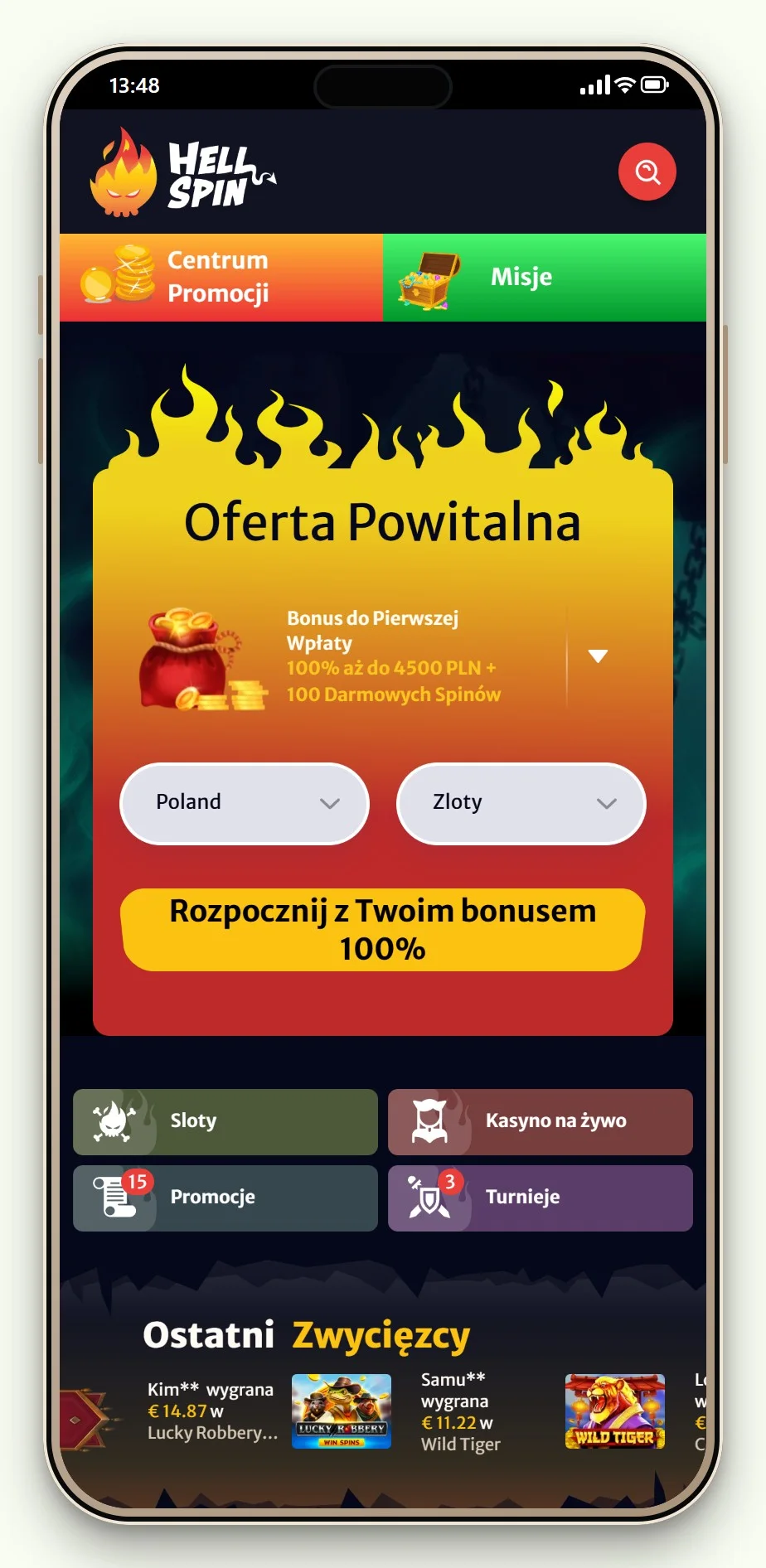 kasyno z boku: HellSpin lobby w wersji mobilnej