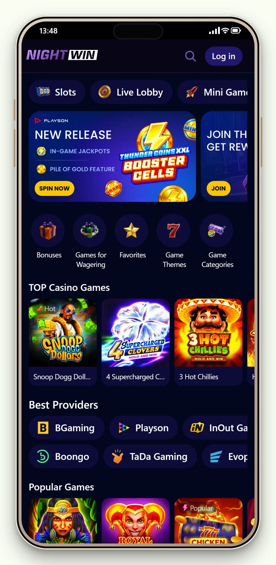 kasyno online boku: NightWin lobby na telefonie
