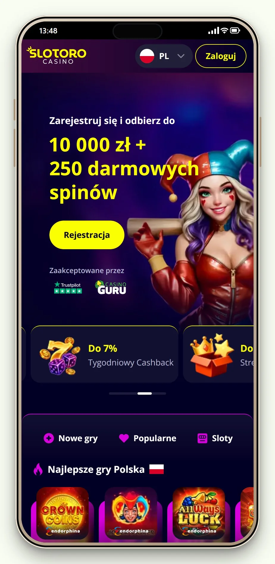 mobilna strona Slotoro z porównania „casino sms deposit poland”