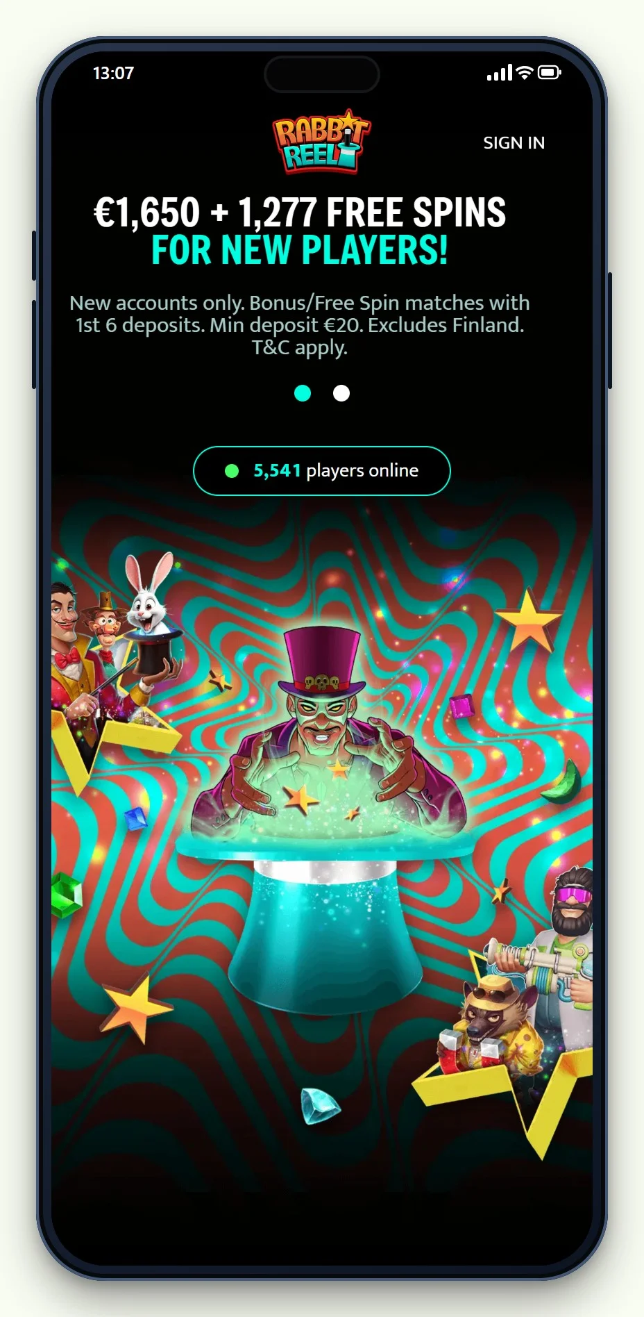 RabbitReel i mobilen, ett av casinona i jämförelsen ”casino med mobilbetalning”