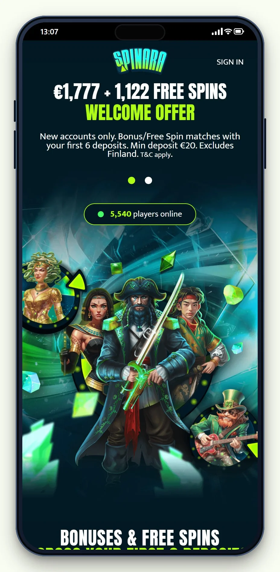 lobbyn hos Spinara i mobilen, ur guiden ”siru casino”