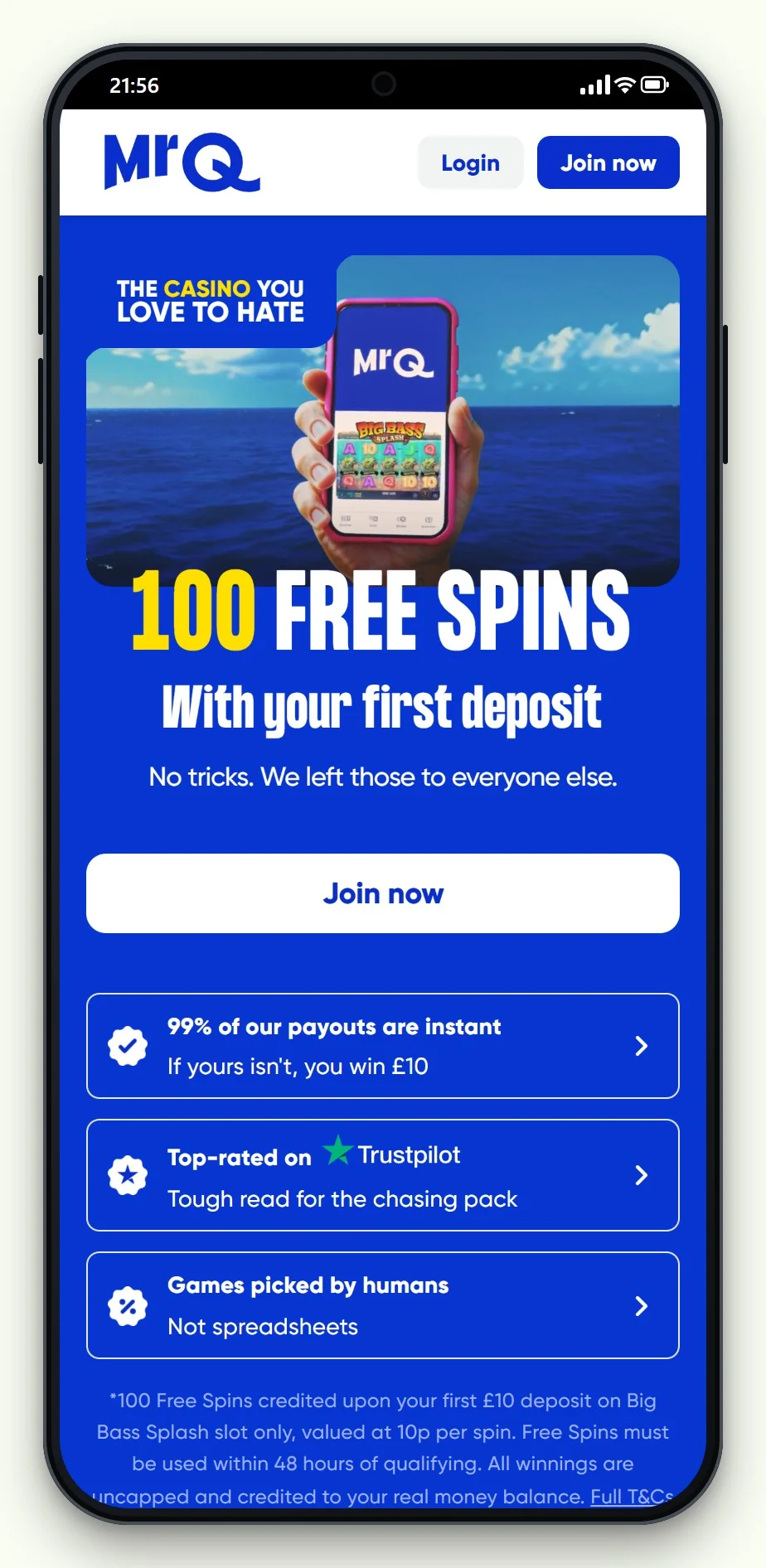 boku casino uk: MrQ mobile site lobby screen